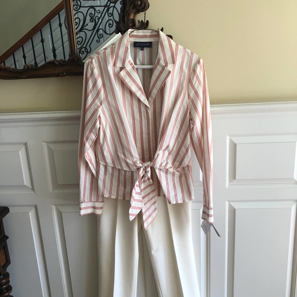 Jones New York Tan Striped Milan Blouse Petite L